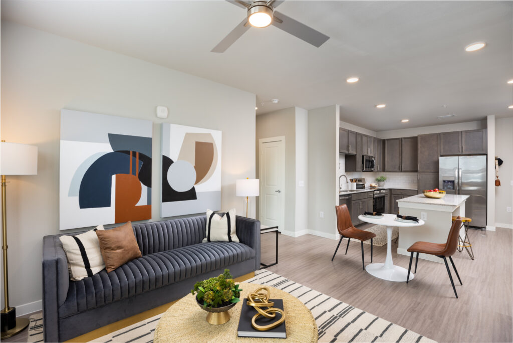 beautiful luxury living room at new apartments in San Antonio at Allora Alamo Heights