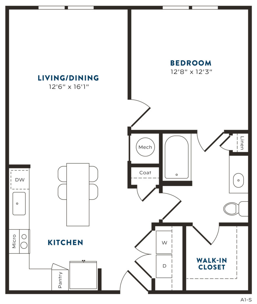 Alt text/Image text: Everything You Need is Here - A2 luxury one-bedroom apartment floor plan